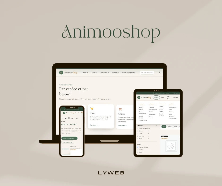 Boutique en ligne Animooshop affichée sur ordinateur portable, mobile et tablette, réalisée par Lyweb