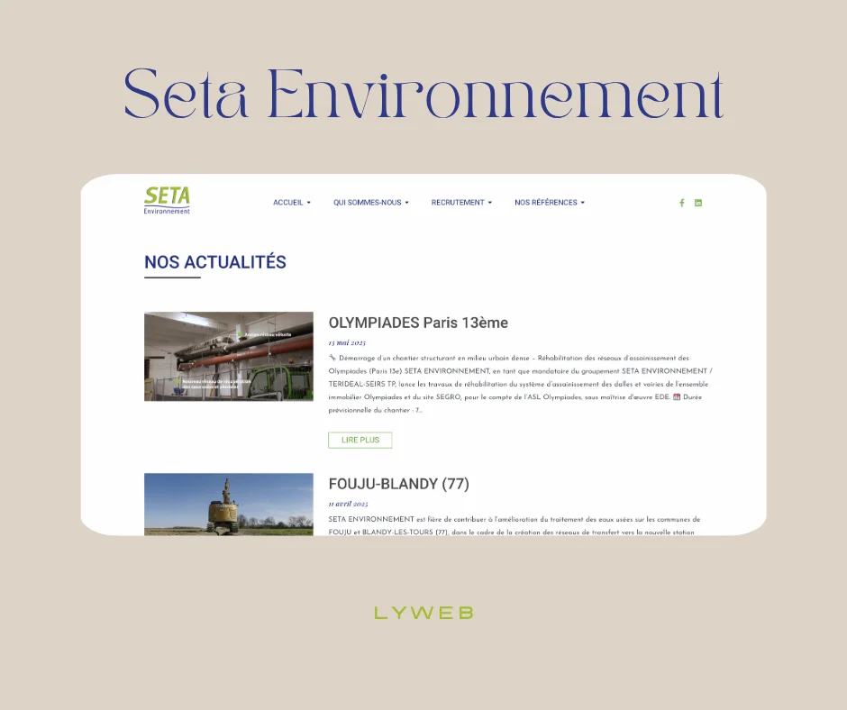 Détail de la page Actualités du site Seta Environnement affichée sur ordinateur portable, réalisé par Lyweb