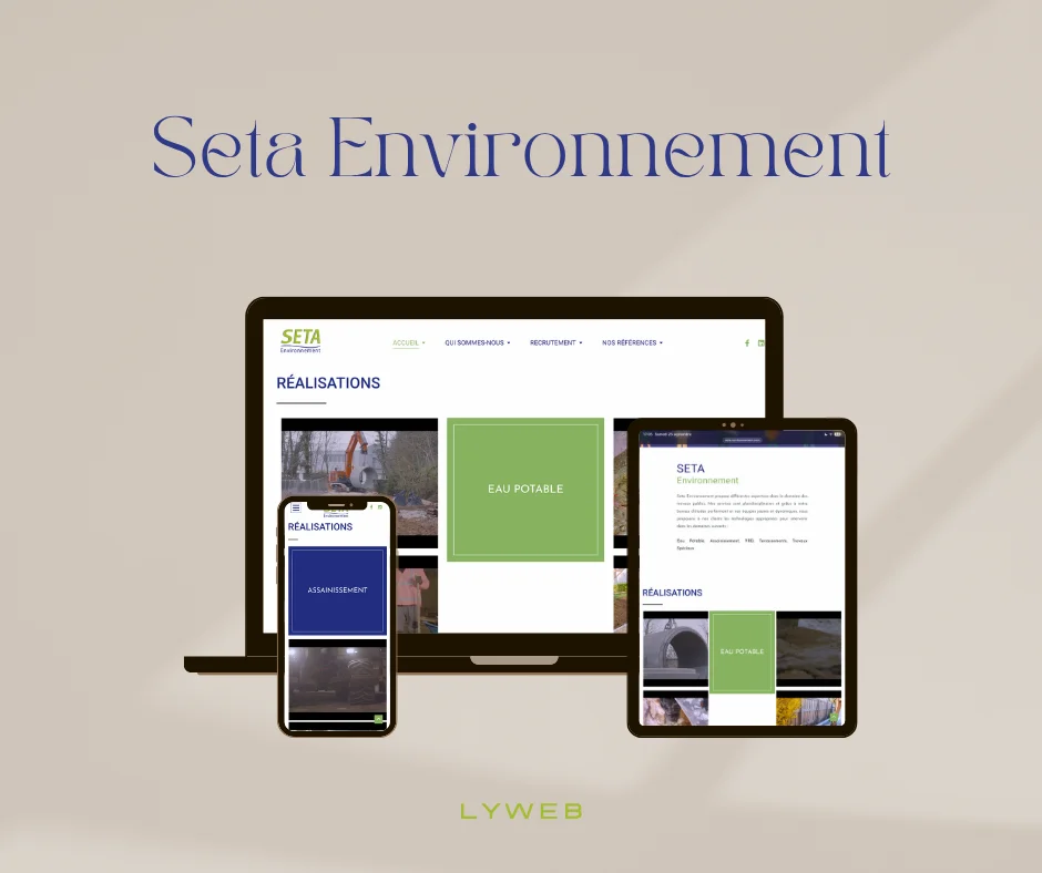 Site Seta Environnement affiché sur ordinateur portable, tablette et mobile, page Réalisations, réalisé par Lyweb