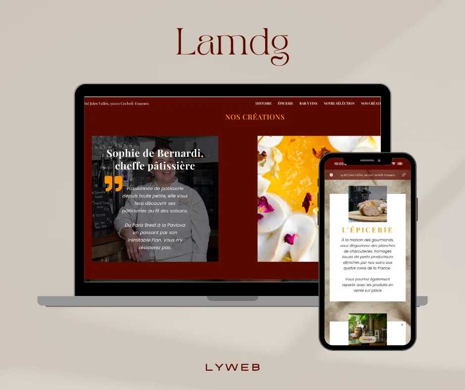 Ordinateur portable et téléphone affichant le site La Maison des Gourmands après refonte, réalisé par Lyweb